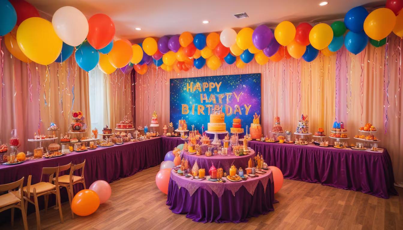 A modern, trend-forward birthday party setup with personalized decorations and sustainable elements