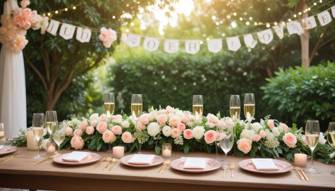 Elegant bridal shower with floral decorations, personalized table settings, and a beautiful dessert display
