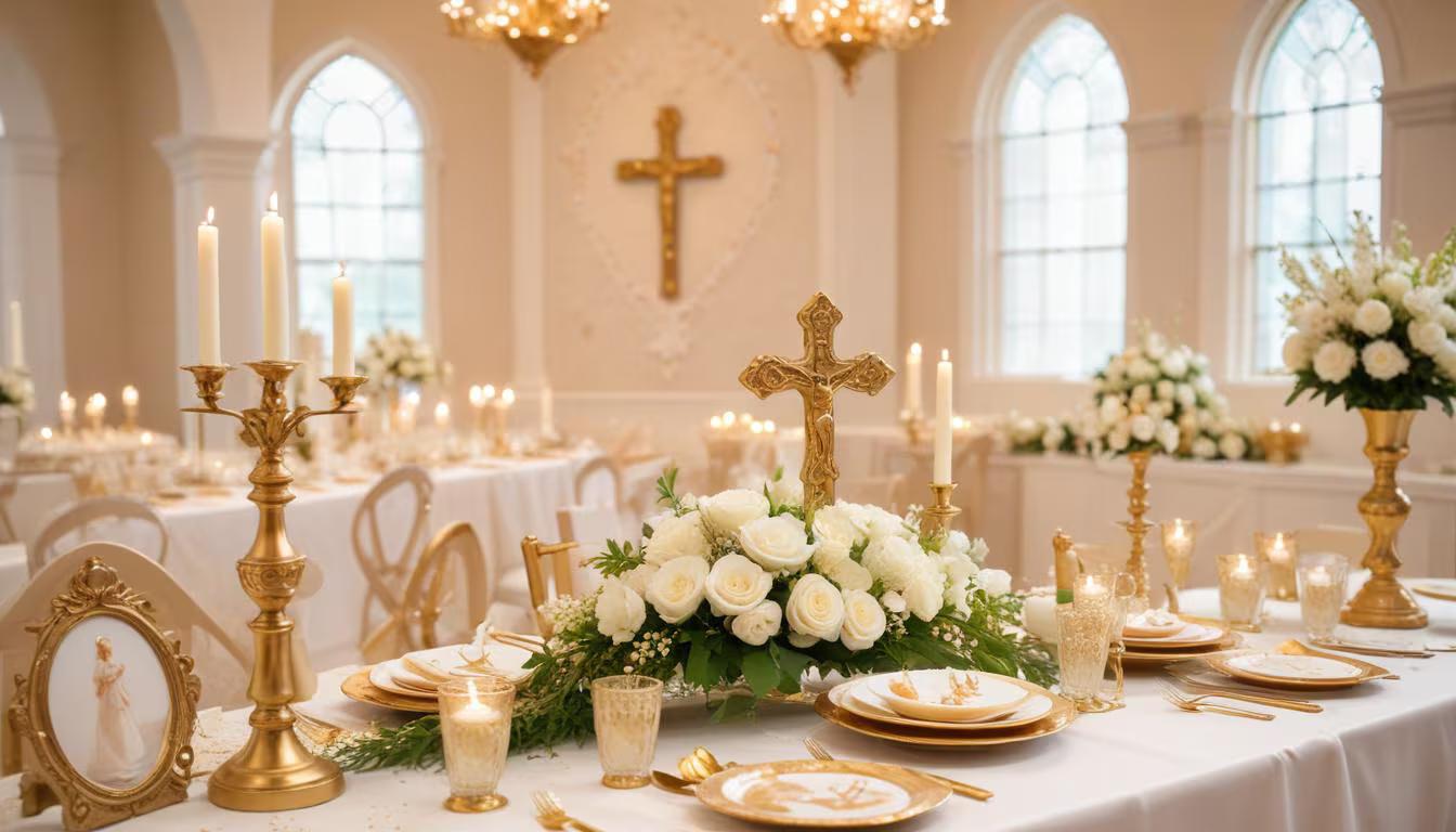 Elegant first communion party table with white and gold decorations, a cross centerpiece, and personalized party supplies