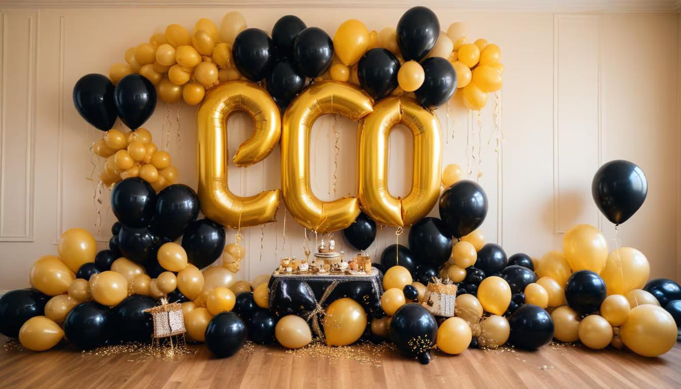 Elegant milestone birthday party with gold and black decorations, balloon garland, and personalized table settings