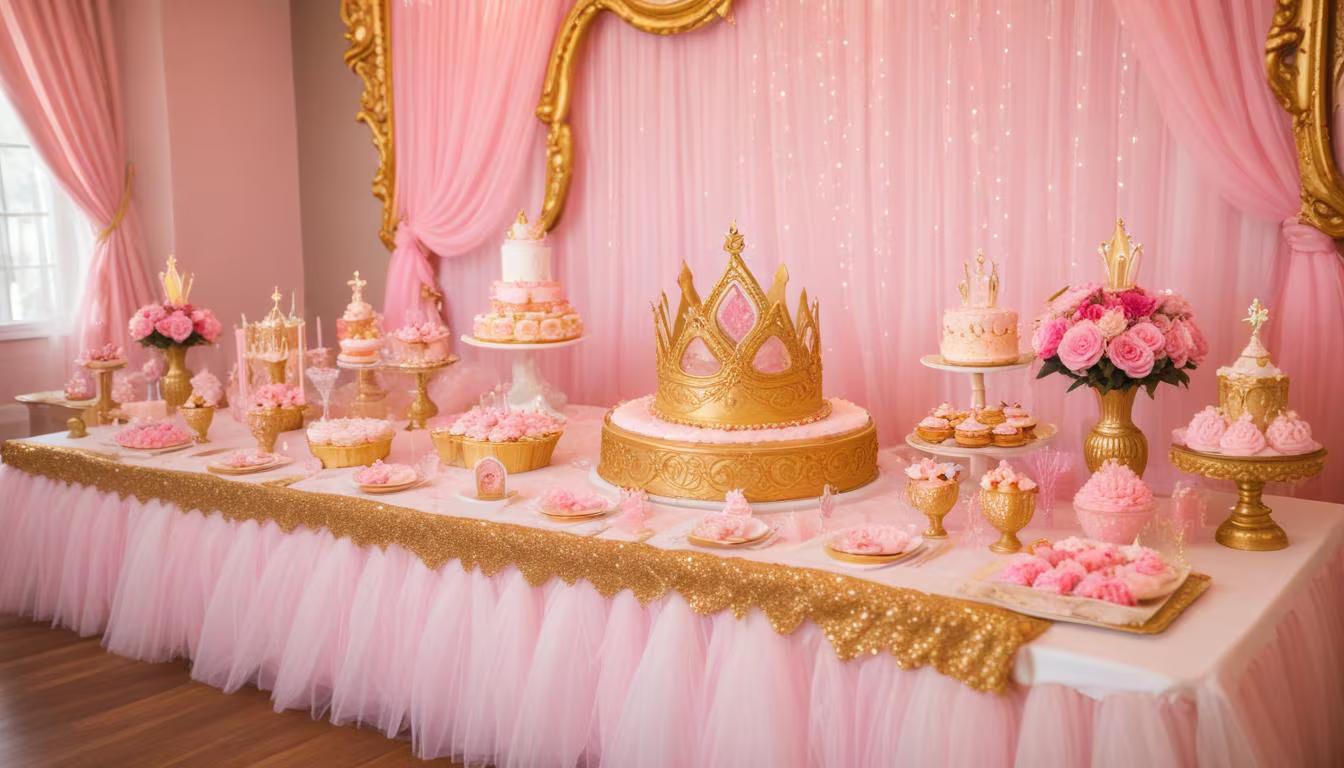 Elegant princess themed birthday party with pink and gold decorations, tiaras, and a royal cake display