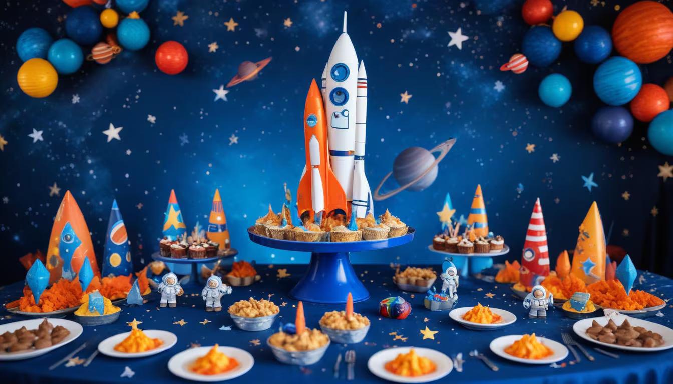 Space themed birthday party with galaxy decorations, rocket ships, planets, and glowing star accents