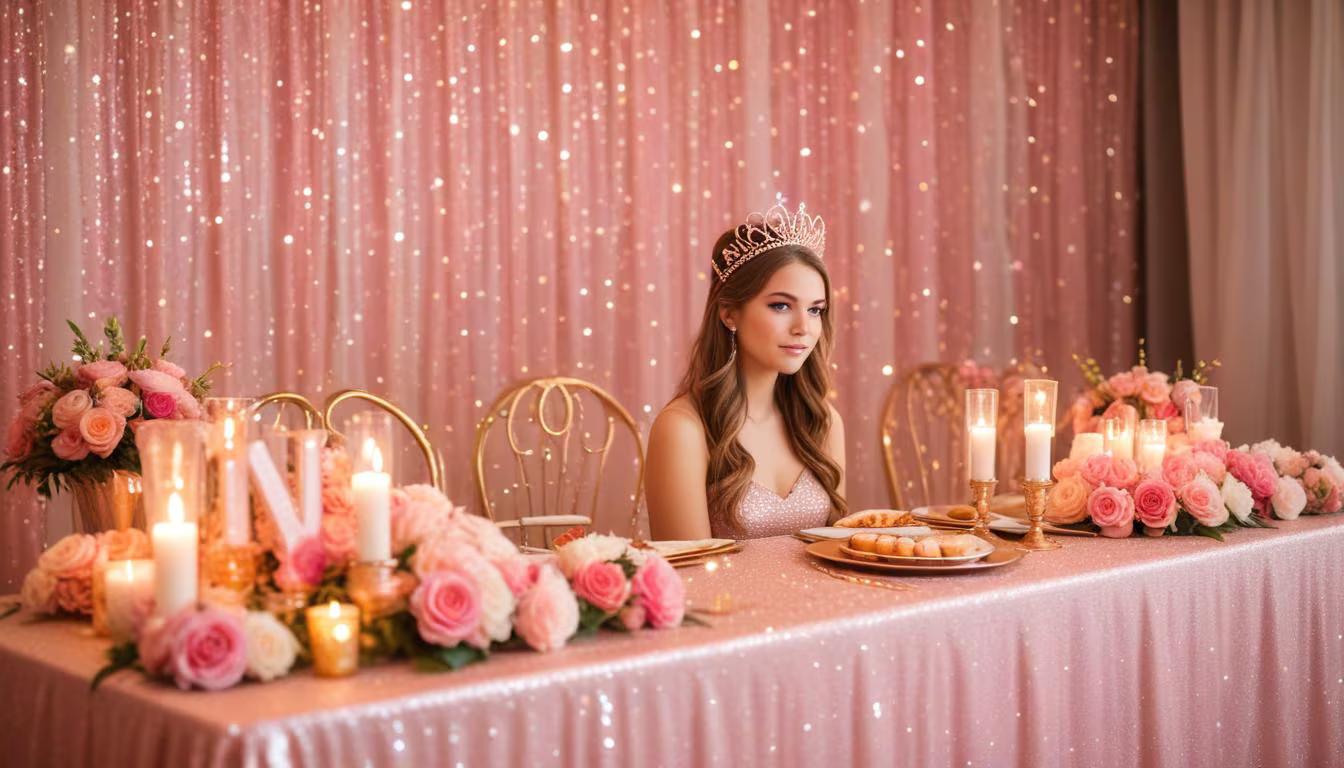 Glamorous sweet 16 party setup with pink and gold decorations, balloon arch, and personalized party supplies