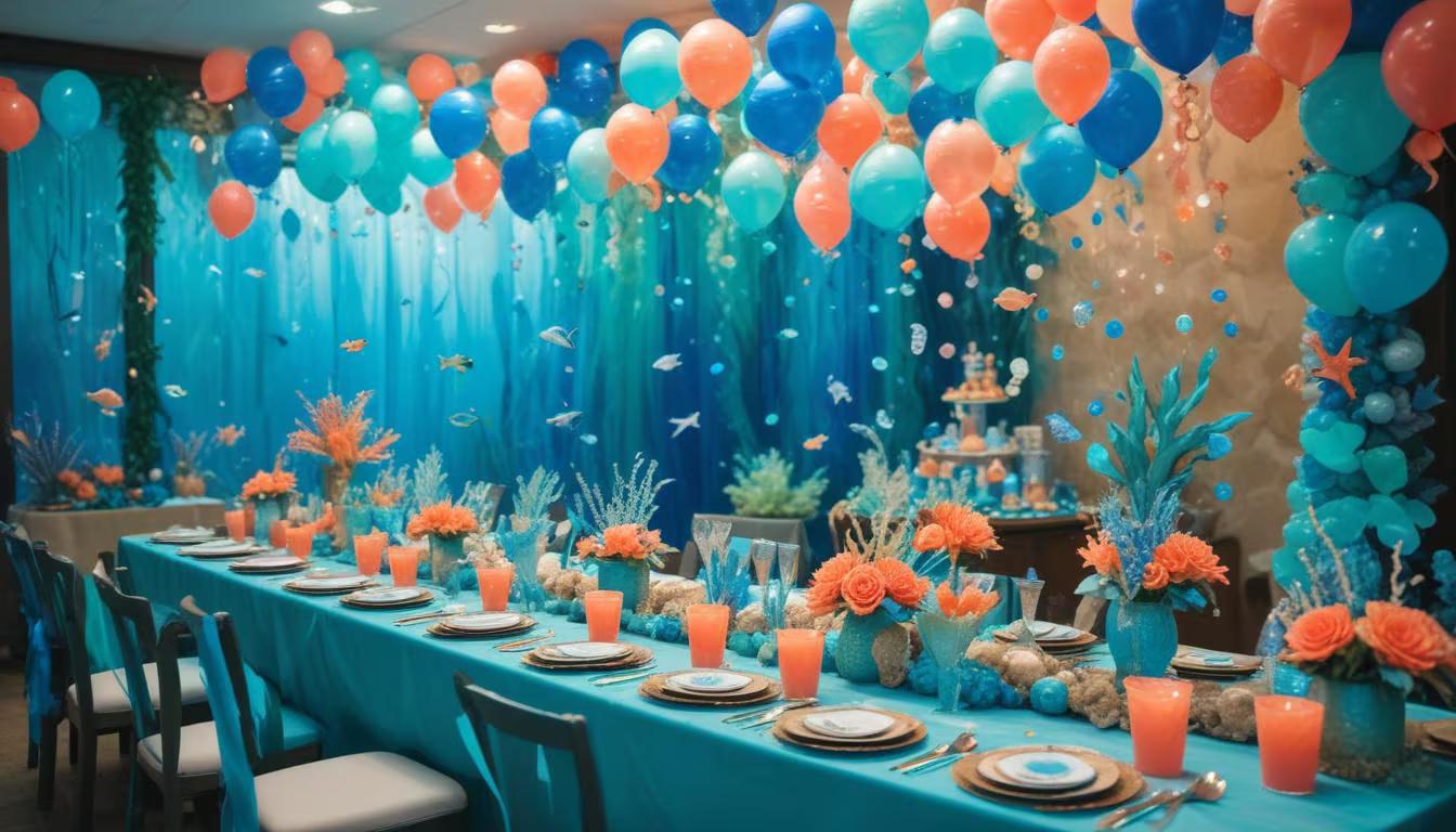 Underwater themed birthday party with blue and green ocean decorations, sea creatures, and bubble accents