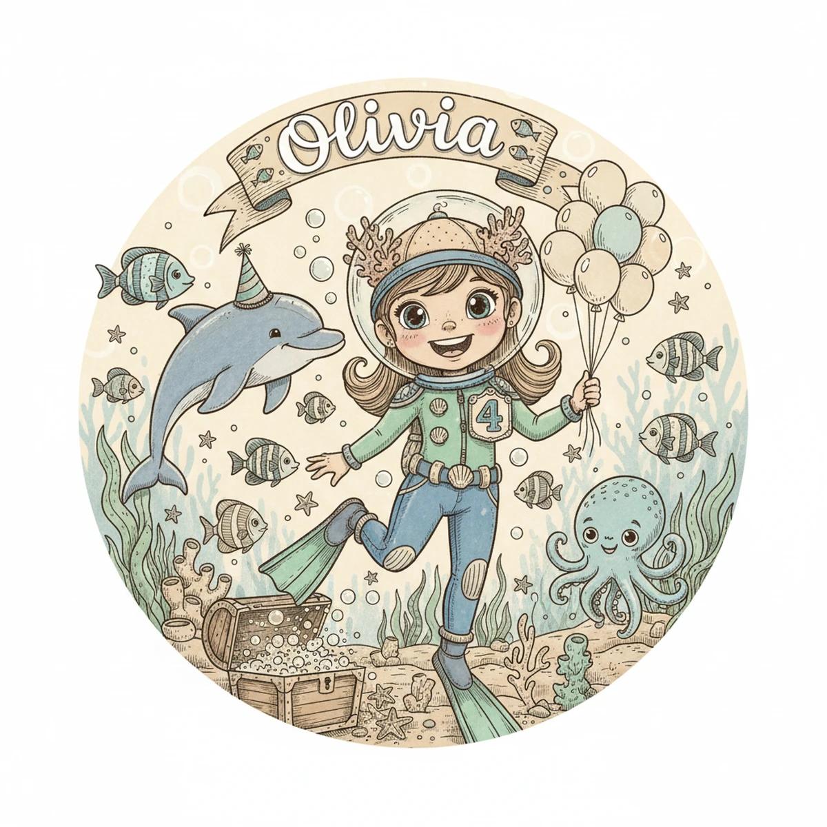 Olivia's Underwater party design in Illustrated style